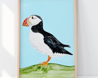 Puffin art, rainbow wild, colorful, sea parrot, clown of the sea Watercolor art - orange, black, white, birder gift, BrightKind Creative
