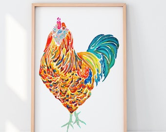 Rooster art, rainbow wild, colorful, farm, Watercolor art - teal, green, violet, nursery decord, BrightKind Creative