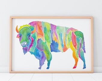 Bison art, rainbow wild, colorful, buffalo, Watercolor art - teal, green, violet, nursery decor, BrightKind Creative