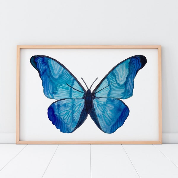 Blue Morpho Art Print, Butterfly, Blue, Iridescent, nature wall art, colorful art, office decor, living room, painting BrightKind Creative