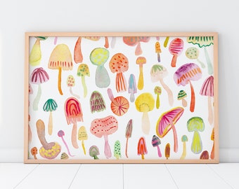 Mushroom art, wild, colorful, fungi, nature art, Watercolor art - teal, pink, yellow, office art, Happy, Elegant BrightKind Creative