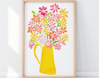 Pink and Yellow Floral Art Print - Gouache Floral - Colorful, Happy art, Cheerful flowers, BrightKind Creative unframed