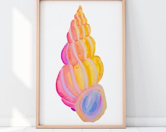 Wentletrap Seashell Art, Ocean Shell, Coastal Watercolor, Beach House Decor, River Shell, pink, orange, apricot, BrightKind Creative