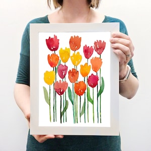 Watercolor Art Print-Tulip, Tulip art, Tulip Painting, Tulip Print, Red, Yellow, Orange, Pink, Office Art, Housewarming, BrightKind Creative image 1