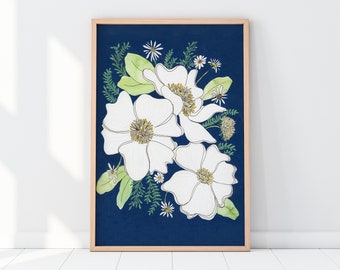 Peony art, white flowers with blue background Watercolor art, Clair de lune, Yellow and white, office art, Happy Elegant BrightKind Creative