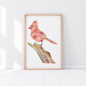 Cardinal Art Print, Cardinal wall art, red and white art, office decor, living room, bird painting BrightKind Creative unframed