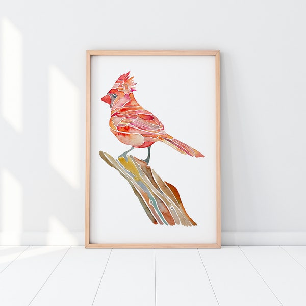 Cardinal Art Print, Cardinal wall art, red and white art, office decor, living room, bird painting BrightKind Creative unframed