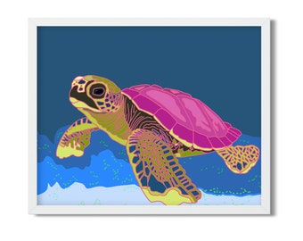 Turtle art print, reproduction of original art, rainbow turtle, colorful fish , Office Art, Nursery Art, BrightKind Creative