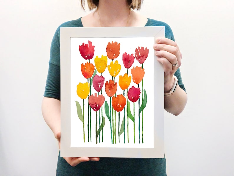 Watercolor Art Print-Tulip, Tulip art, Tulip Painting, Tulip Print, Red, Yellow, Orange, Pink, Office Art, Housewarming, BrightKind Creative image 1