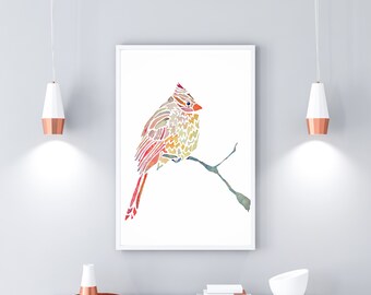 May include: A watercolor painting of a cardinal bird perched on a branch. The bird is depicted in shades of pink, orange, and yellow, with a white background.
