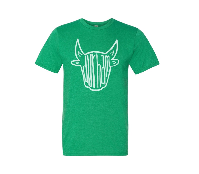 May include: A green t-shirt with a white bull's head graphic. The bull's head is made up of the word "Durham" in a stylized font.