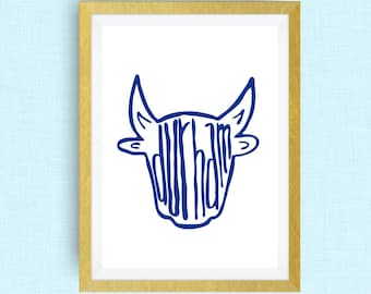 Durham Bull Art Print, Hand-Lettered City Mascot