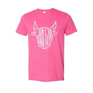 May include: Pink short-sleeved t-shirt with a white outline of a bull's head with the word "Durham" written inside the outline.
