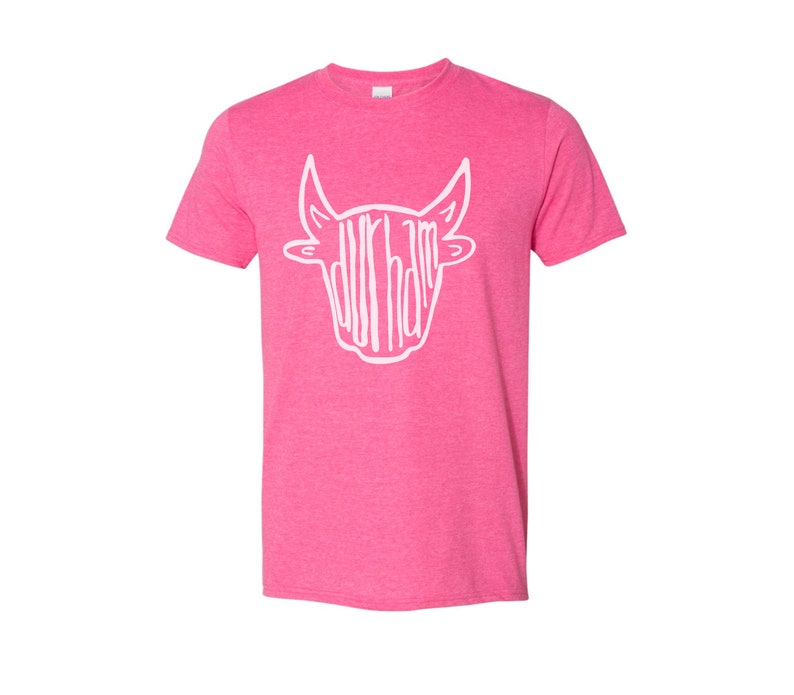 May include: Pink short-sleeved t-shirt with a white outline of a bull's head with the word "Durham" written inside the outline.