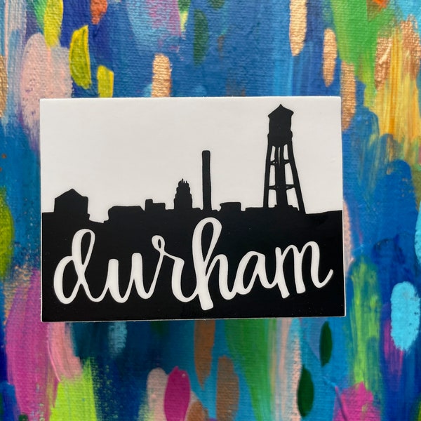 durham skyline sticker black and white, bull city decal - laptop sticker, bumper sticker, water bottle sticker