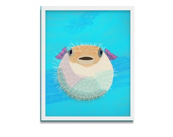 Puffer Fish art print, reproduction of original art, rainbow fish, colorful fish , Office Art, Housewarming, BrightKind Creative