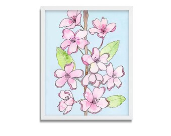 Cherry Blossom art, watercolor Floral - Colorful art, Happy art, Cheerful flowers, Original Art Print, Pink, Orange, Yellow, Home decor