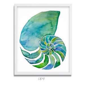 May include: A watercolor painting of a nautilus shell in shades of blue and green. The shell is depicted in a spiral shape, with the outer layers of the shell overlapping the inner layers.