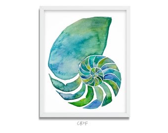 Nautilus Art Print, chambered nautilus, geometric art, nature art, ocean art, seashell, beach house, painting BrightKind Creative - unframed