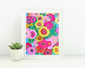 Zinnia Art - acrylic  Floral - Colorful art, Happy art, Cheerful flowers, Original Art Print, Pink, Orange, Red, Yellow, Home decor