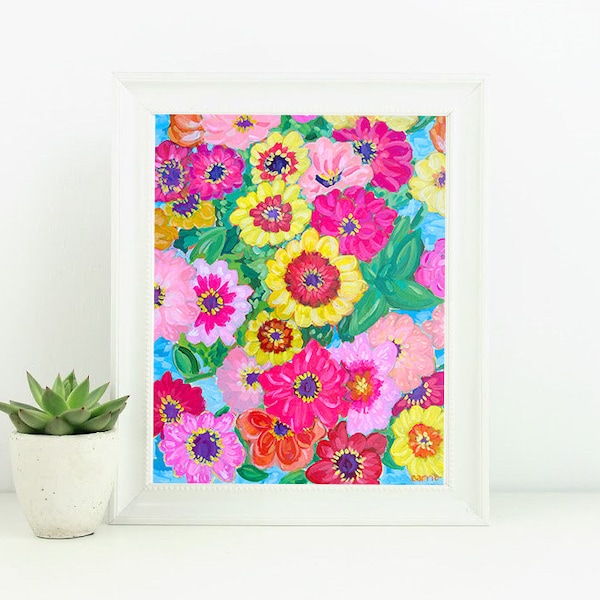 Zinnia Art - acrylic  Floral - Colorful art, Happy art, Cheerful flowers, Original Art Print, Pink, Orange, Red, Yellow, Home decor