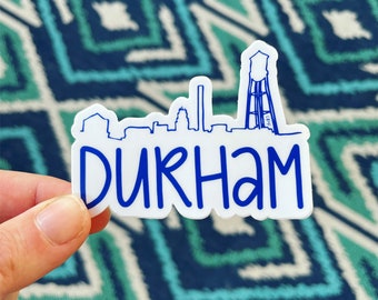 durham skyline sticker, bull city decal - laptop sticker, bumper sticker, water bottle sticker