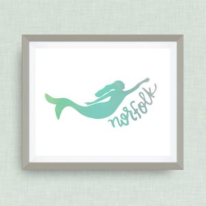 mermaid, norfolk art print, virginia - hand drawn, option of gold foil