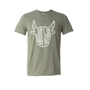 May include: A green heather t-shirt with a white bull head graphic. The bull head is made up of the word "Durham" in a stylized font.