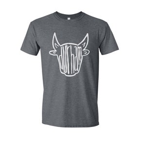 May include: A dark heather grey t-shirt with a white bull head graphic. The bull's head is made up of the word "Durham".
