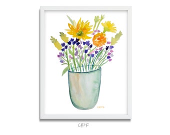 Wildflowers in Vase - Watercolor bouquet - Colorful art, Happy art, Cheerful flowers, Original Art Print - BrightKind Creative