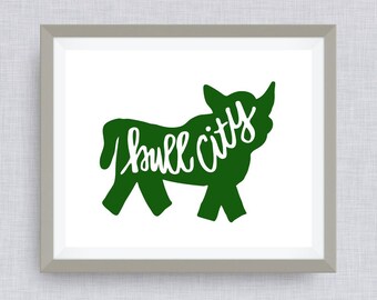 Durham Bull Art Print -Bull city, Bull Durham, NC, hand drawn, hand lettered, Option of Real Gold Foil