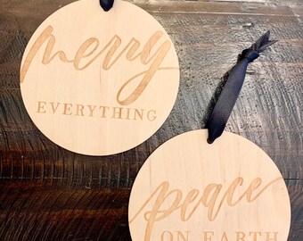 Christmas Ornaments - Set of 2 Hand Lettered Laser Engraved Wood Ornaments - Letterstou - Free Shipping