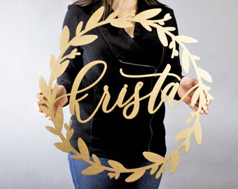 Custom Letterstou Wreath Name Sign - 20 inch or 24 inch - Wedding Name Sign Hand Lettered Laser Cut - Ships Fast