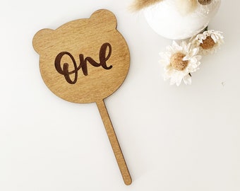 One Teddy Bear Laser Cut Cake Topper - First Birthday Topper - Laser Etched Wood - Hand Lettered by Letters To You - Free Shipping