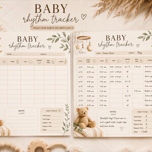 Può includere: Due fogli beige per il monitoraggio del ritmo del bambino con un'illustrazione di una giostrina, un orsacchiotto e accenti di foglie verdi. I moduli includono colonne per data, orario di sveglia, poppate, riposini, pannolini e note.