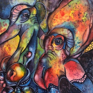 May include: Watercolor painting of two abstract creatures with vibrant colors. The creatures have large, expressive eyes and are rendered in shades of green, orange, blue, and yellow. The background is a dark, speckled space.