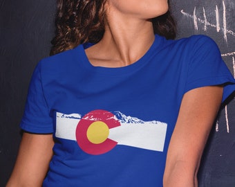 Women's Colorado Flag T-Shirt and Tank Top w/ Rocky Mountain Silhouette