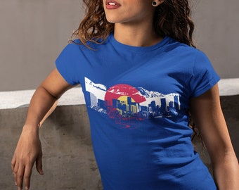 Women's Colorado Flag T-shirt & Tank Top w/ Denver Skyline Silhouette