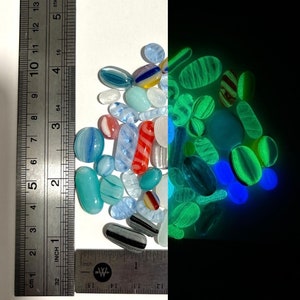 COE 90/ Glow in the Dark Dots/ fired murrini shapes/Mix of Different colour rainbow Glass Dots/ mosaic /ovals and blobs