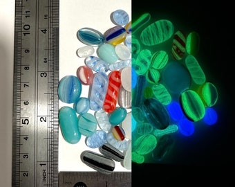COE 90/ Glow in the Dark Dots/ fired murrini shapes/Mix of Different colour rainbow Glass Dots/ mosaic /ovals and blobs