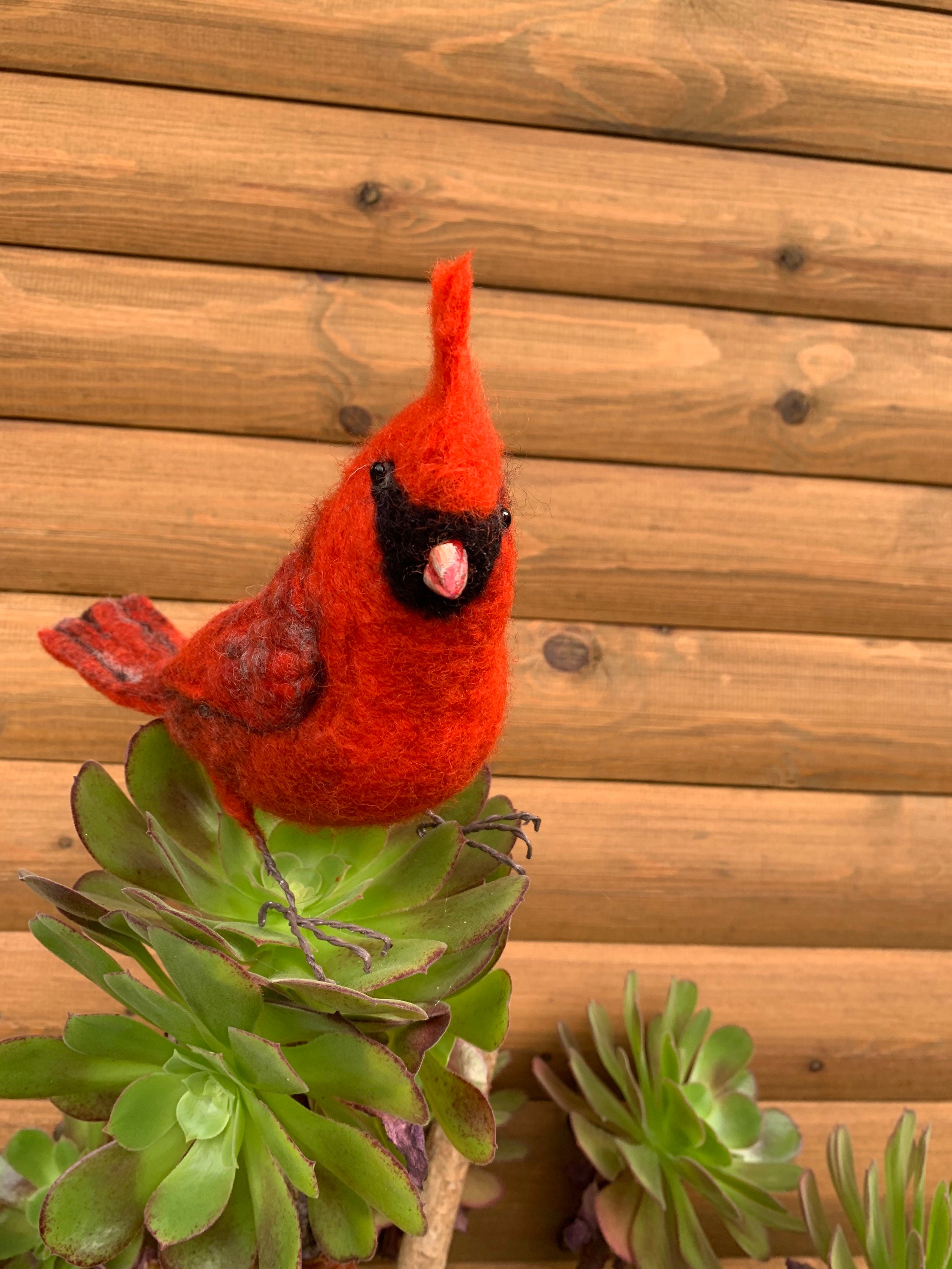 Needle felted cardinal red American bird sculpture