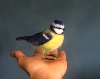 Cute little bluetit blue bird tit needle felted with glass eyes and clay beak