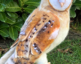 May include: A brown and white barn owl with black markings is perched on a wooden stump. The owl has large, black eyes and a white face.
