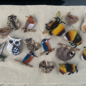 1x badge, Magpie, Robin, kingfisher, owl, humming bird, sloth, bee or hedgehog needle felted badge/brooch , pin