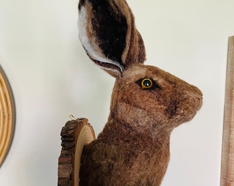 Roughly Lifesize Needle felted hare head wall hanging sculpture