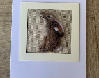 Needle felted moon gazing hare , buck rabbit card.