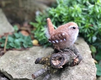 Needle felted wren wool sculpture driftwood not included.