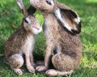 Set of two needle felted hare sculptures