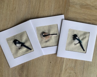 Needle felted magpie or long tailed tit card.