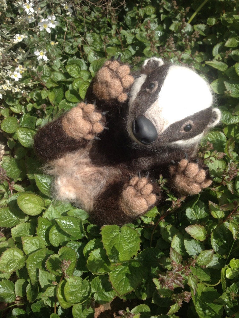 Needle Felted Baby Badger Cub: Lifelike Wool Sculpture with Glass Eyes